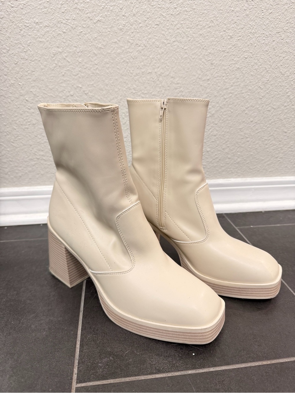 MIA Cream Platform Block Heel Ankle Boots